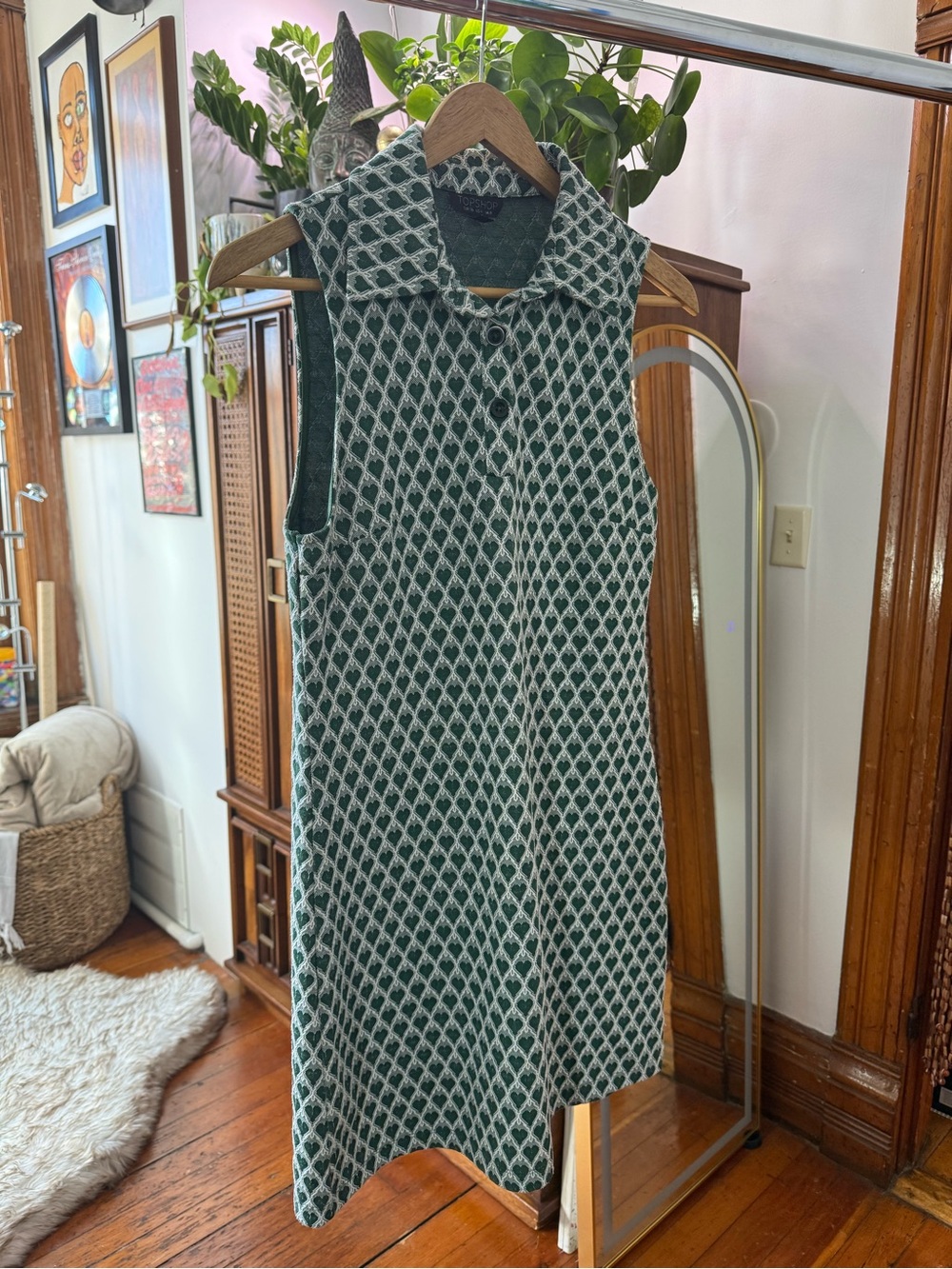 Topshop Green and White Sleeveless Collared Dress